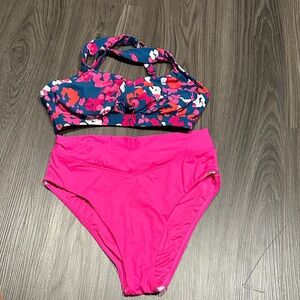 Women’s Floral Navy & Hot Pink Two-Piece High-Waist Bikini